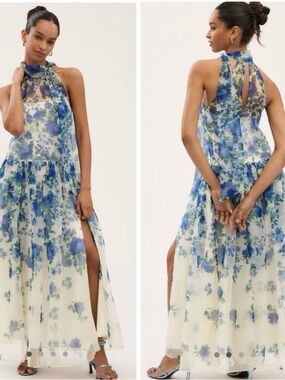 Anthropologie BHLDN Kendall High Neck Scarf Floral Organza Maxi Dress Blue XS